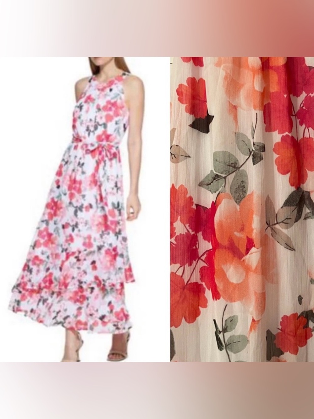 NWT CALVIN KLEIN CHIFFON RUFFLE HEM FLORAL DRESS SIZE 2 coral green
